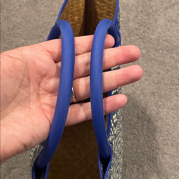 Blue and Cream Geometric Beach Summer Woven Tote Bag NWT - Picture 3 of 9